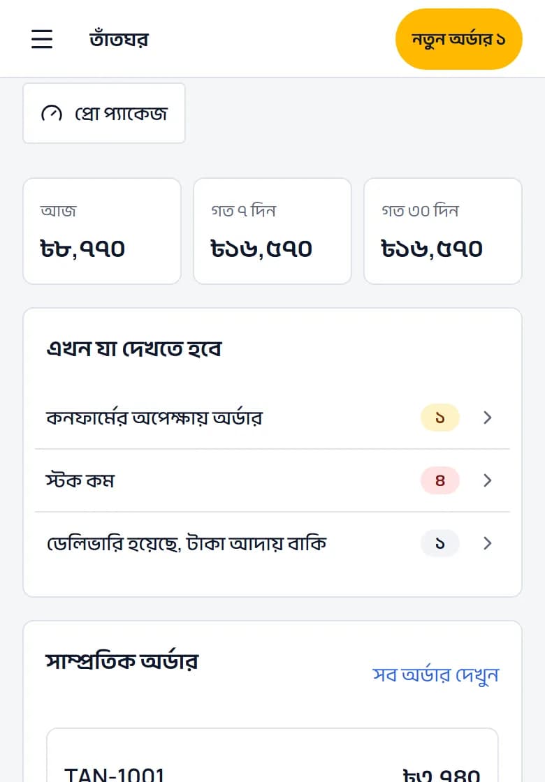 অ্যাডমিনের প্রথম পাতা: আজকের অর্ডার আর বিক্রির হিসাব